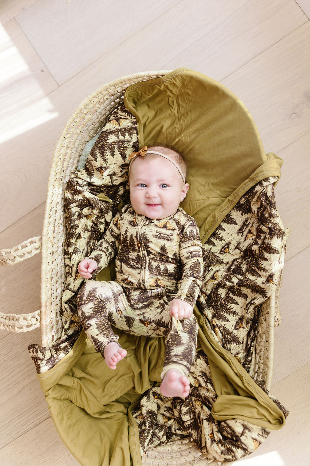 Golden Hour caramel bamboo convertible romper with double zipper and fold-over cuffs – soft eco-friendly baby outfit