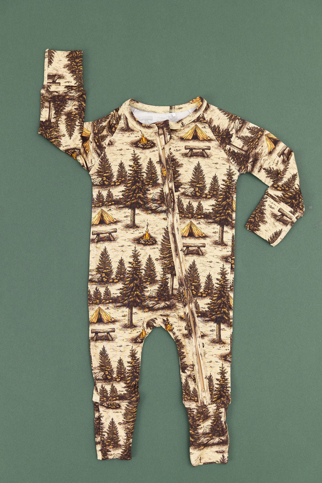 Golden Hour caramel bamboo convertible romper with double zipper and fold-over cuffs – soft eco-friendly baby outfit