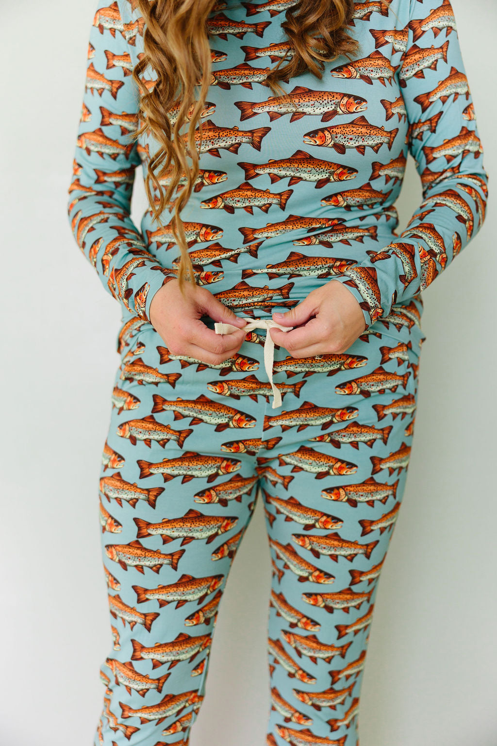 Catch & Release trout bamboo adult set – soft breathable fishing bamboo pajamas for men and women, eco-friendly matching family outfit