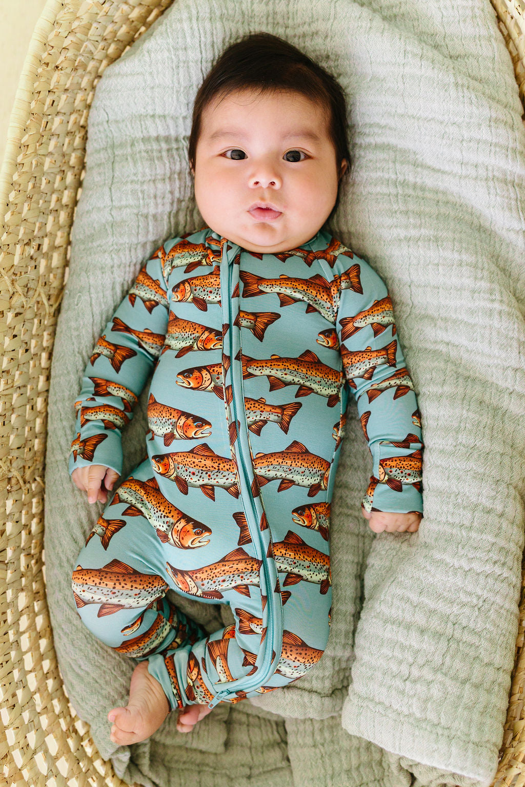Catch & Release trout bamboo Convertible Romper with double zipper, fishing pajamas for babies
