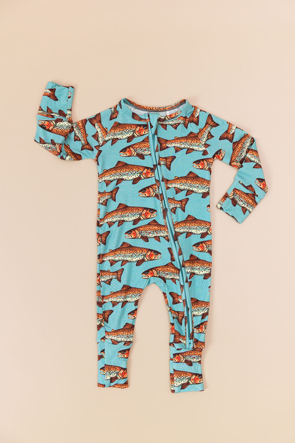 Catch & Release trout bamboo Convertible Romper with double zipper, fishing pajamas for babies