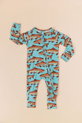 Catch & Release trout bamboo Convertible Romper with double zipper, fishing pajamas for babies
