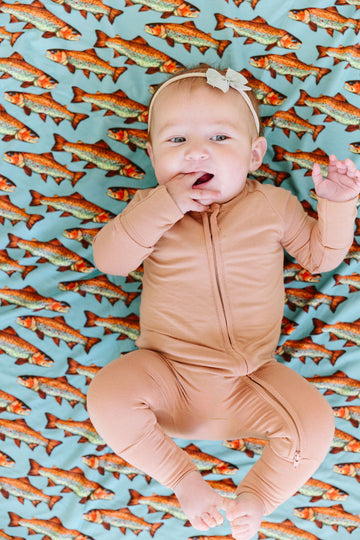 Golden Hour caramel bamboo convertible romper with double zipper and fold-over cuffs – soft eco-friendly baby outfit