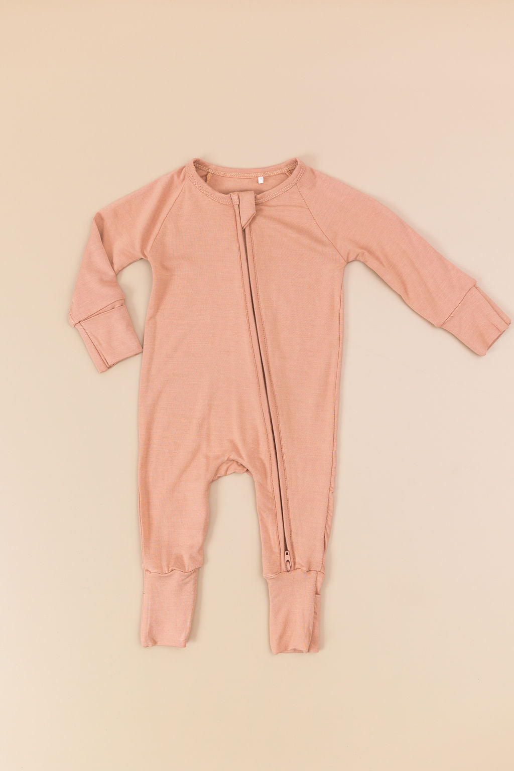 Golden Hour caramel bamboo convertible romper with double zipper and fold-over cuffs – soft eco-friendly baby outfit