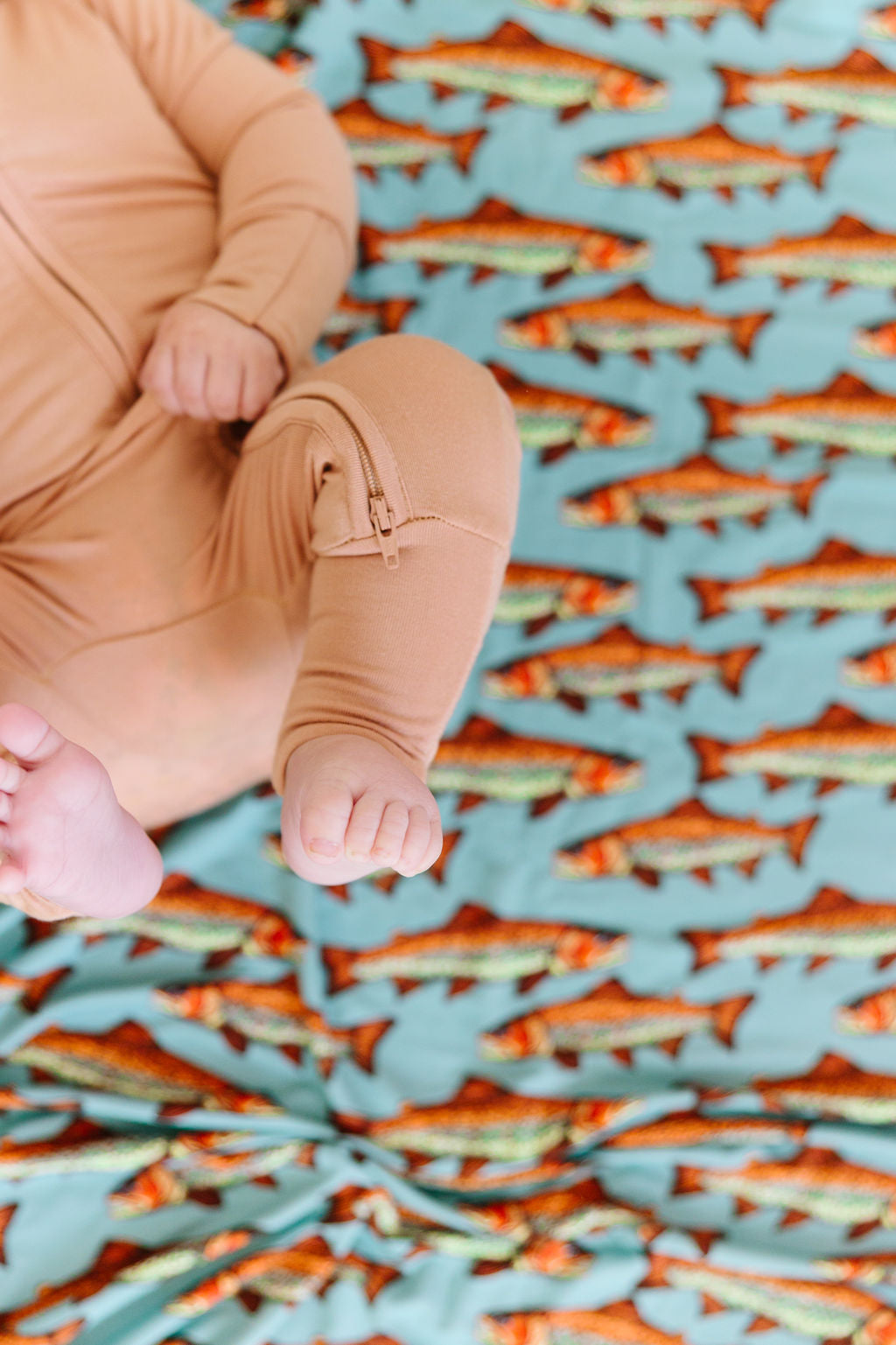 Golden Hour caramel bamboo convertible romper with double zipper and fold-over cuffs – soft eco-friendly baby outfit