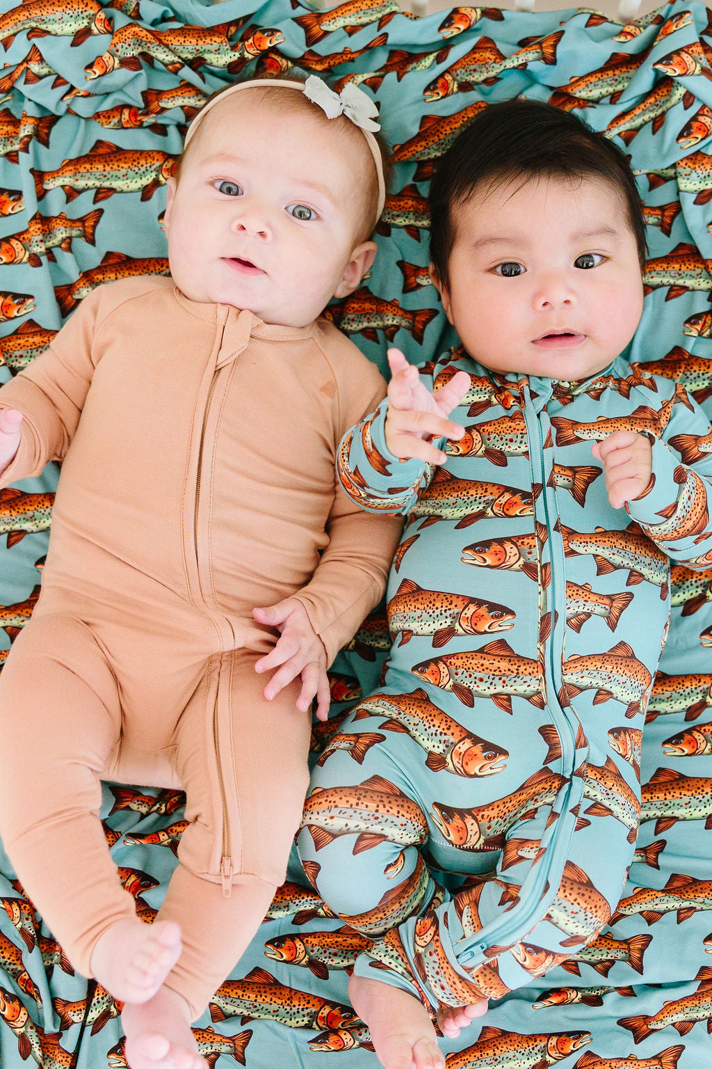 Golden Hour caramel bamboo convertible romper with double zipper and fold-over cuffs – soft eco-friendly baby outfit