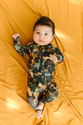 Hide & Seek camo bamboo convertible romper with double zipper and fold-over cuffs – soft eco-friendly baby outfit