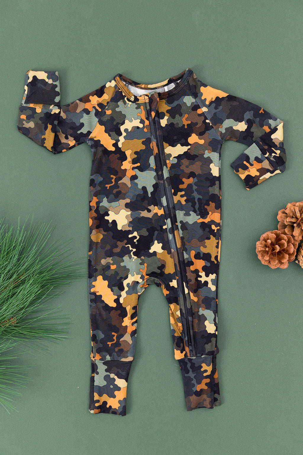 Hide & Seek camo bamboo convertible romper with double zipper and fold-over cuffs – soft eco-friendly baby outfit