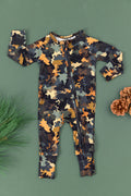 Hide & Seek camo bamboo convertible romper with double zipper and fold-over cuffs – soft eco-friendly baby outfit