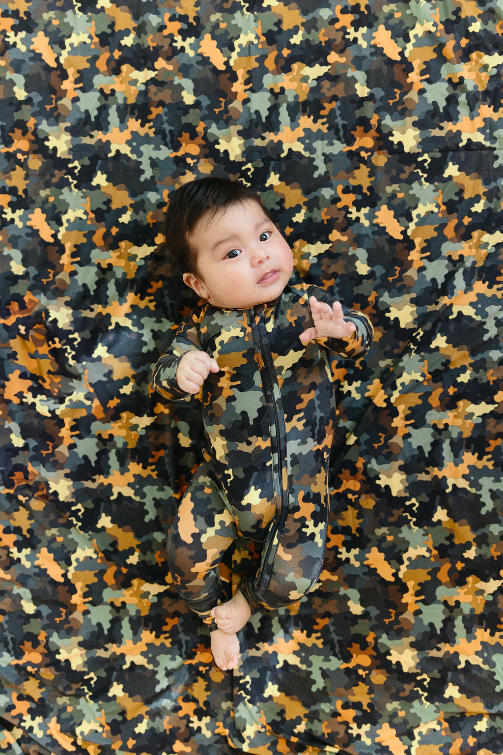 Hide & Seek camo bamboo convertible romper with double zipper and fold-over cuffs – soft eco-friendly baby outfit