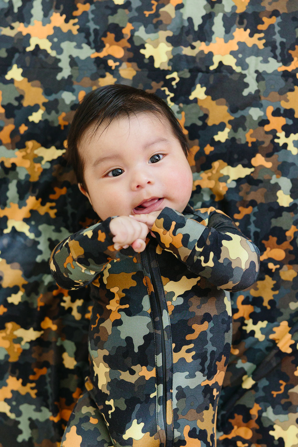 Hide & Seek camo bamboo convertible romper with double zipper and fold-over cuffs – soft eco-friendly baby outfit