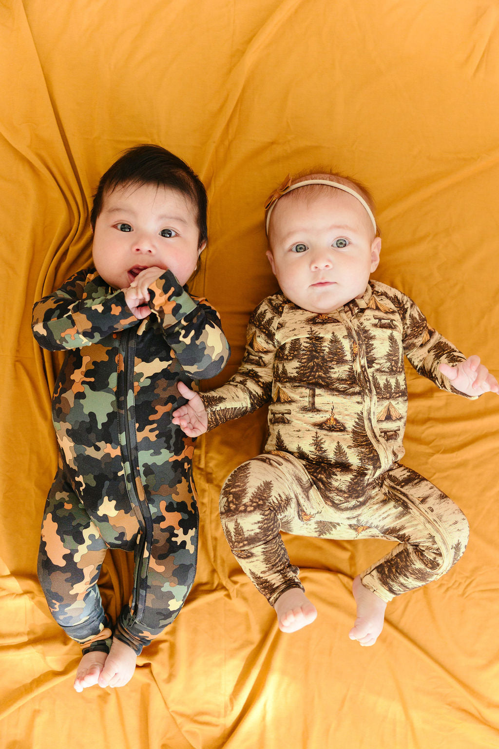 Hide & Seek camo bamboo convertible romper with double zipper and fold-over cuffs – soft eco-friendly baby outfit