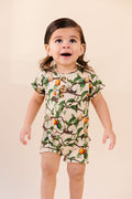 Kid wearing snail shortie and apricot pattern short sleeve and short Romper, Henley buttons