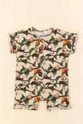 Flat lay image of Snails and apricots on branches on a short sleeve, short, henley top baby romper