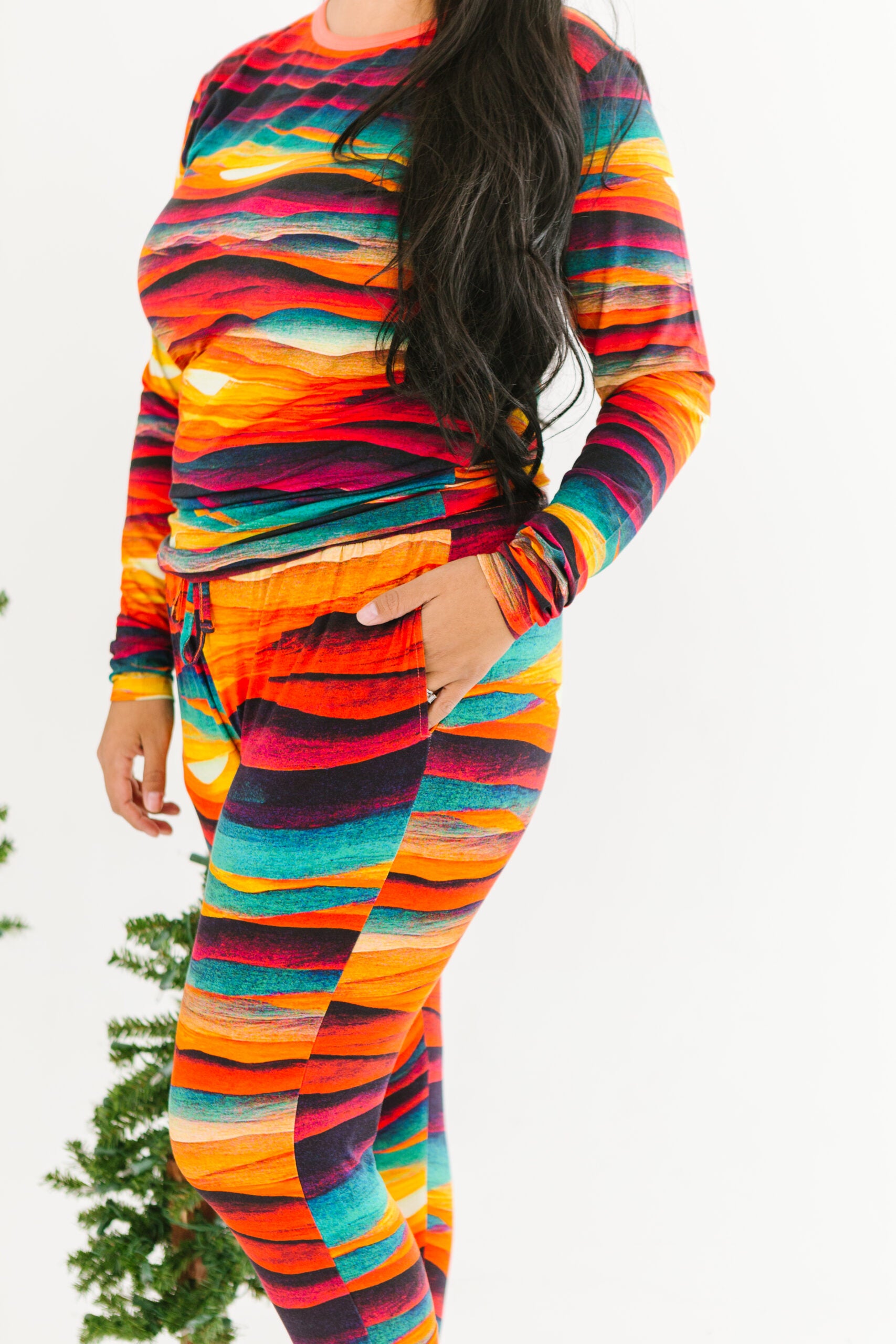 Woman in sunset print outfit