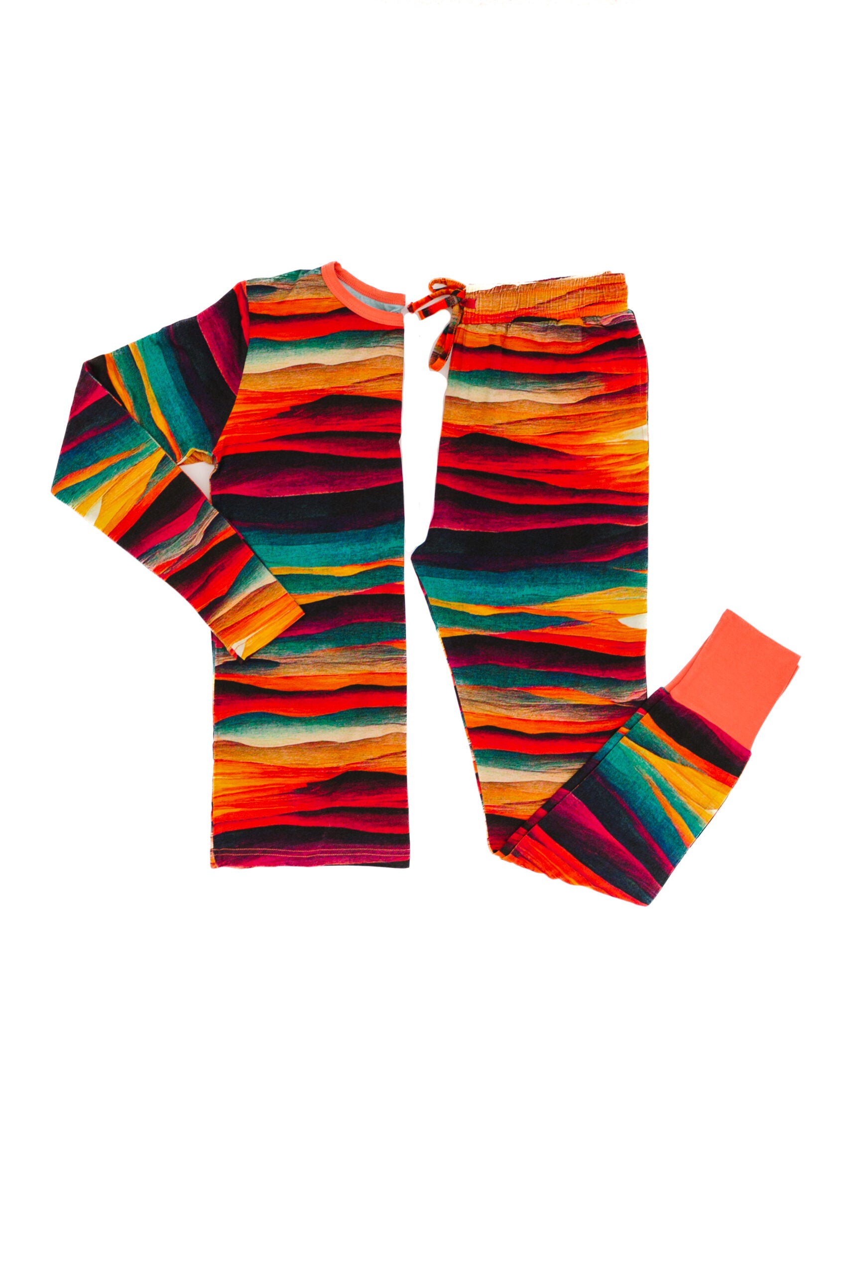 Flat lay of adult set in sunset print