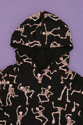 showing hood of Kids bamboo jogger set in black Dancing Skelly’s skeleton print.