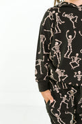Kids bamboo jogger set in black Dancing Skelly’s skeleton print.