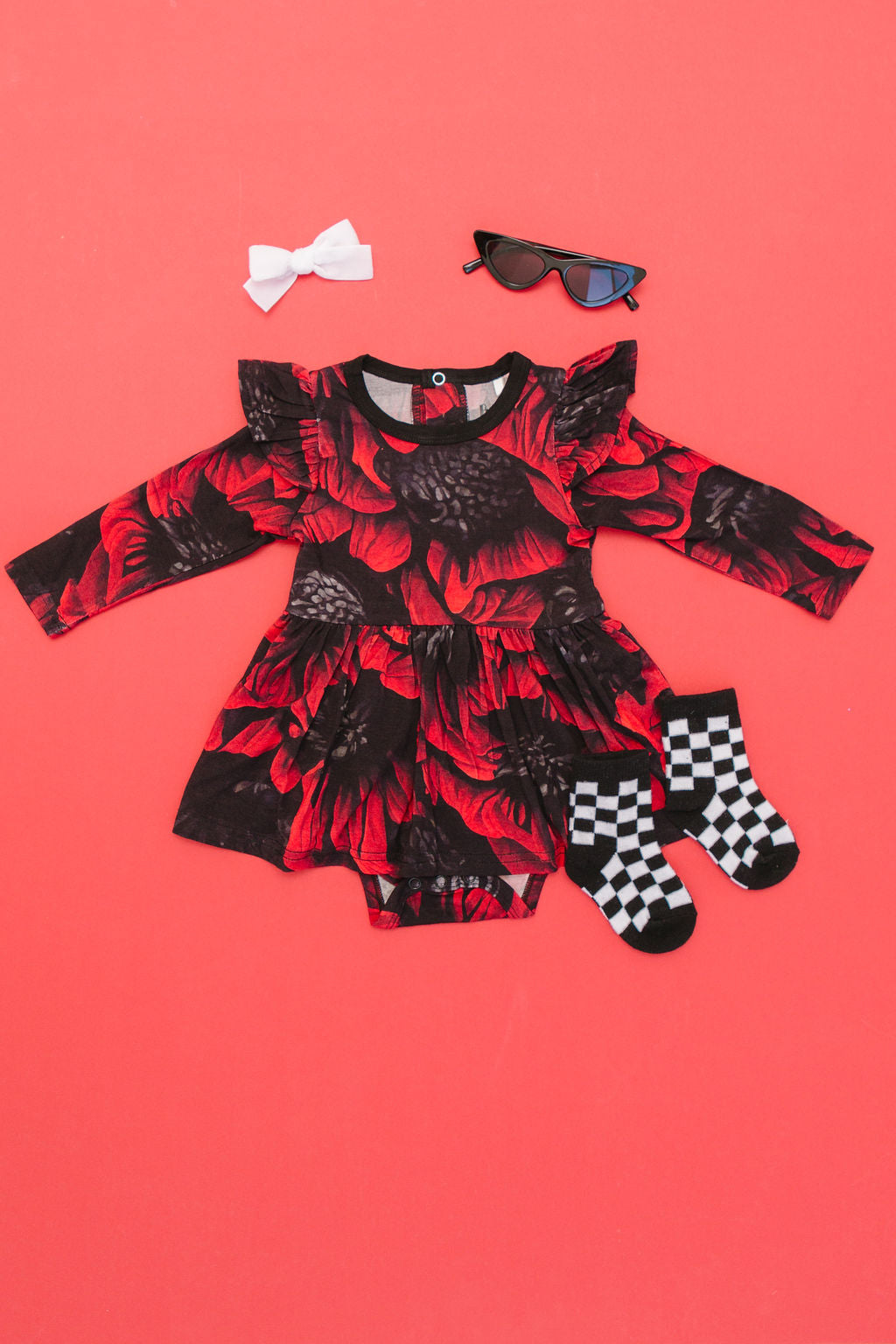 Redsun red floral bamboo bodysuit dress with built-in bodysuit
