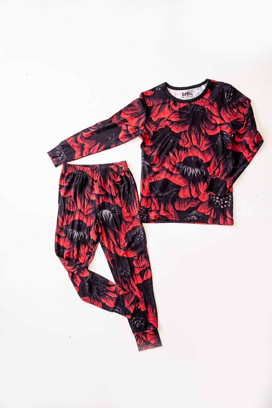 Redsun red floral bamboo two-piece set with matching top and pants
