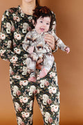 Timberline forest-print bamboo convertible romper with pine trees and winter tones