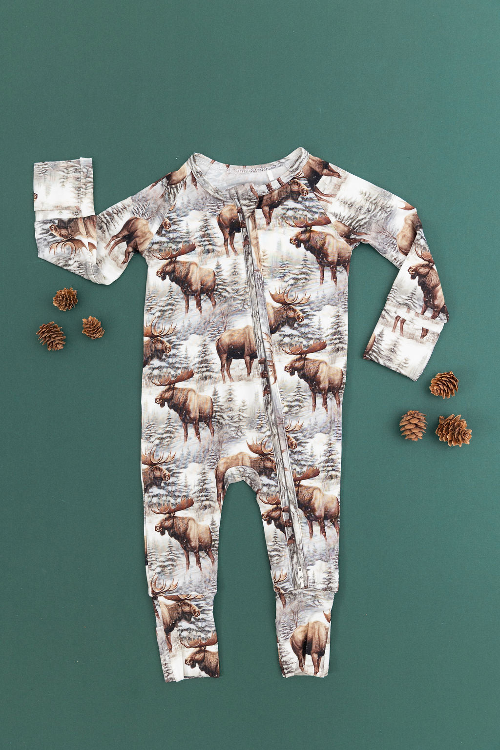 Timberline forest-print bamboo convertible romper with pine trees and winter tones