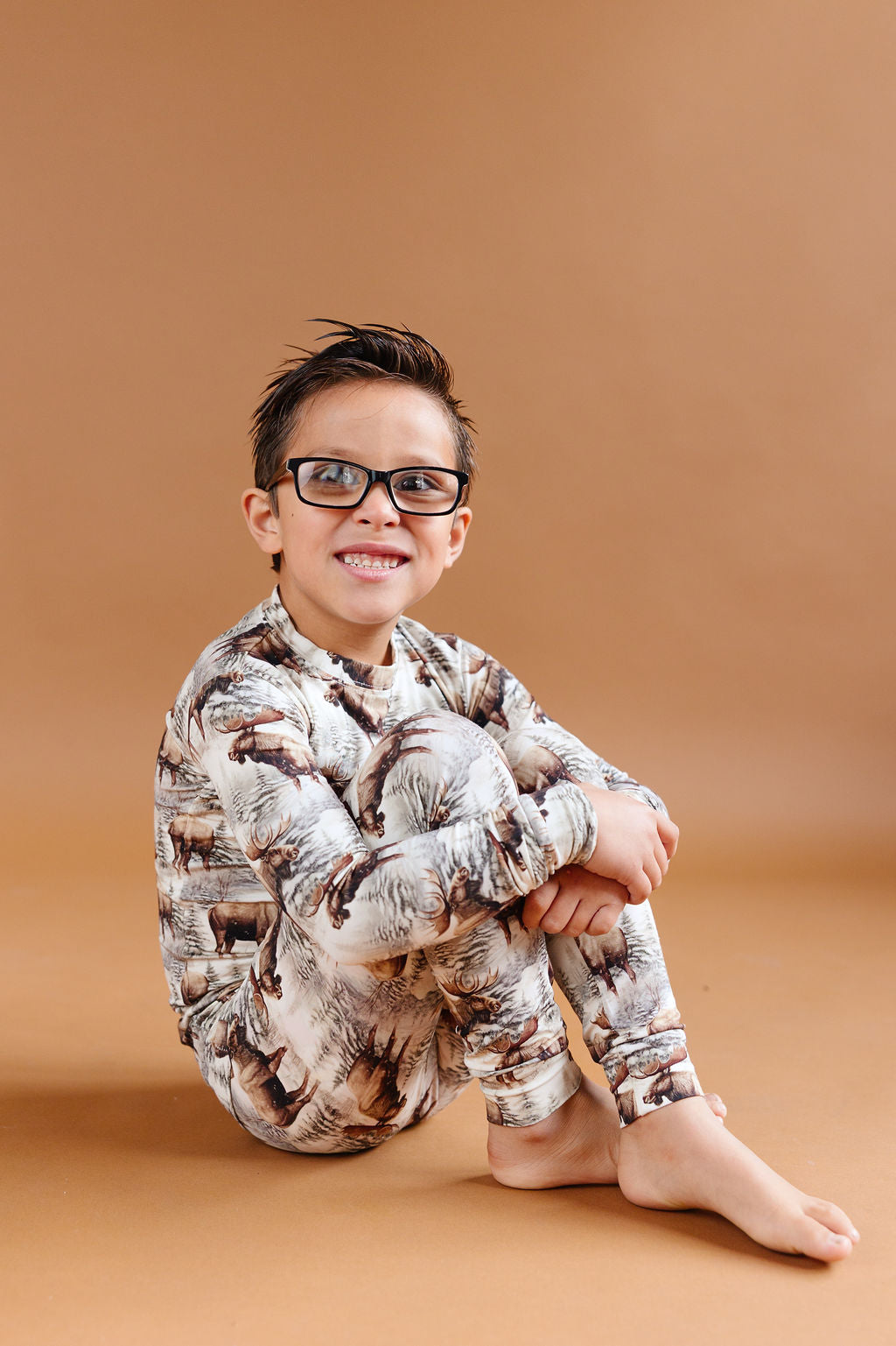 imberline forest-print bamboo two-piece set with pine trees and snowy mountain tones