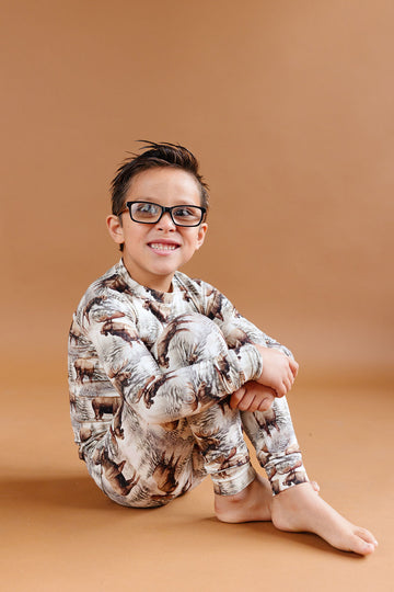 imberline forest-print bamboo two-piece set with pine trees and snowy mountain tones