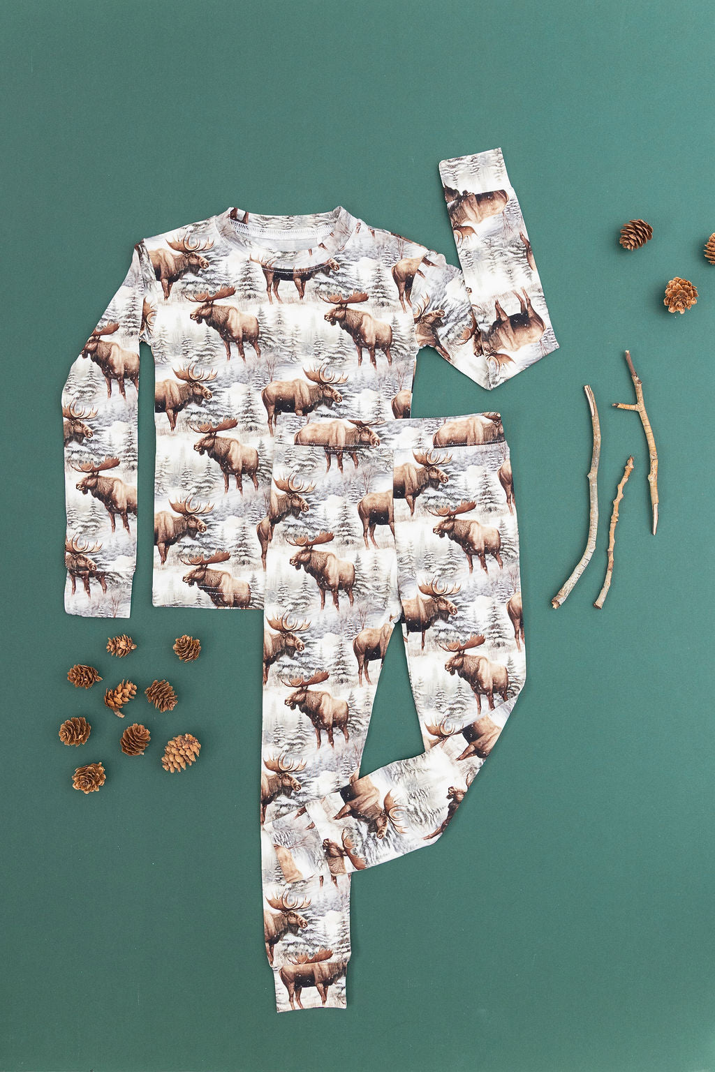 imberline forest-print bamboo two-piece set with pine trees and snowy mountain tones