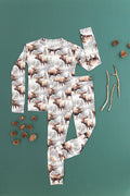 imberline forest-print bamboo two-piece set with pine trees and snowy mountain tones