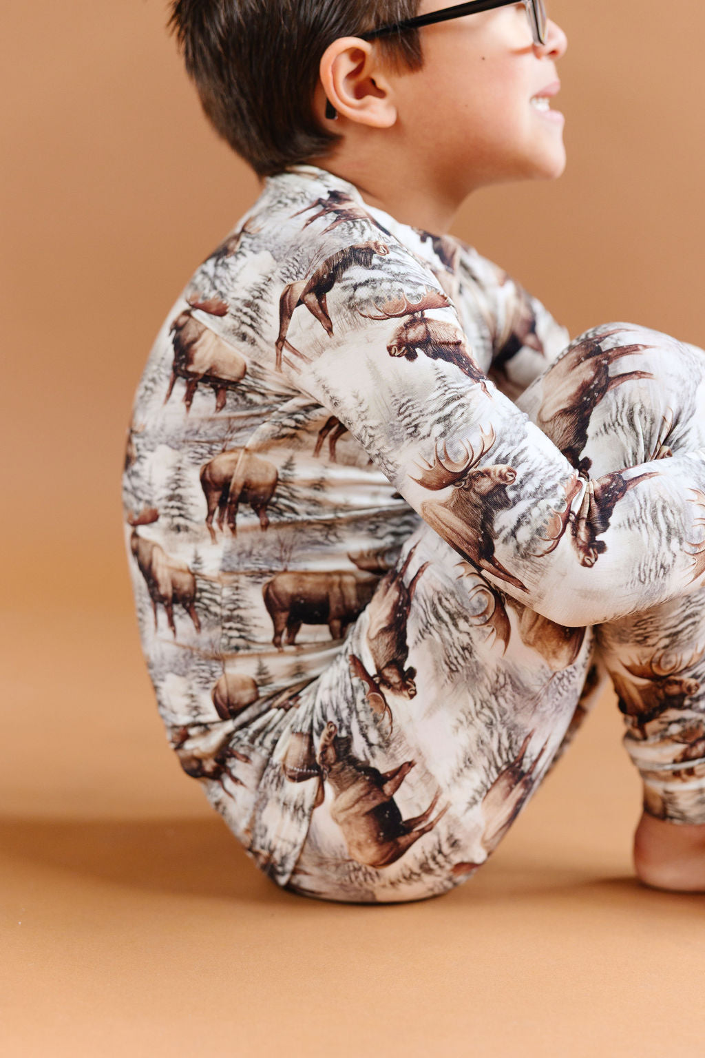 imberline forest-print bamboo two-piece set with pine trees and snowy mountain tones