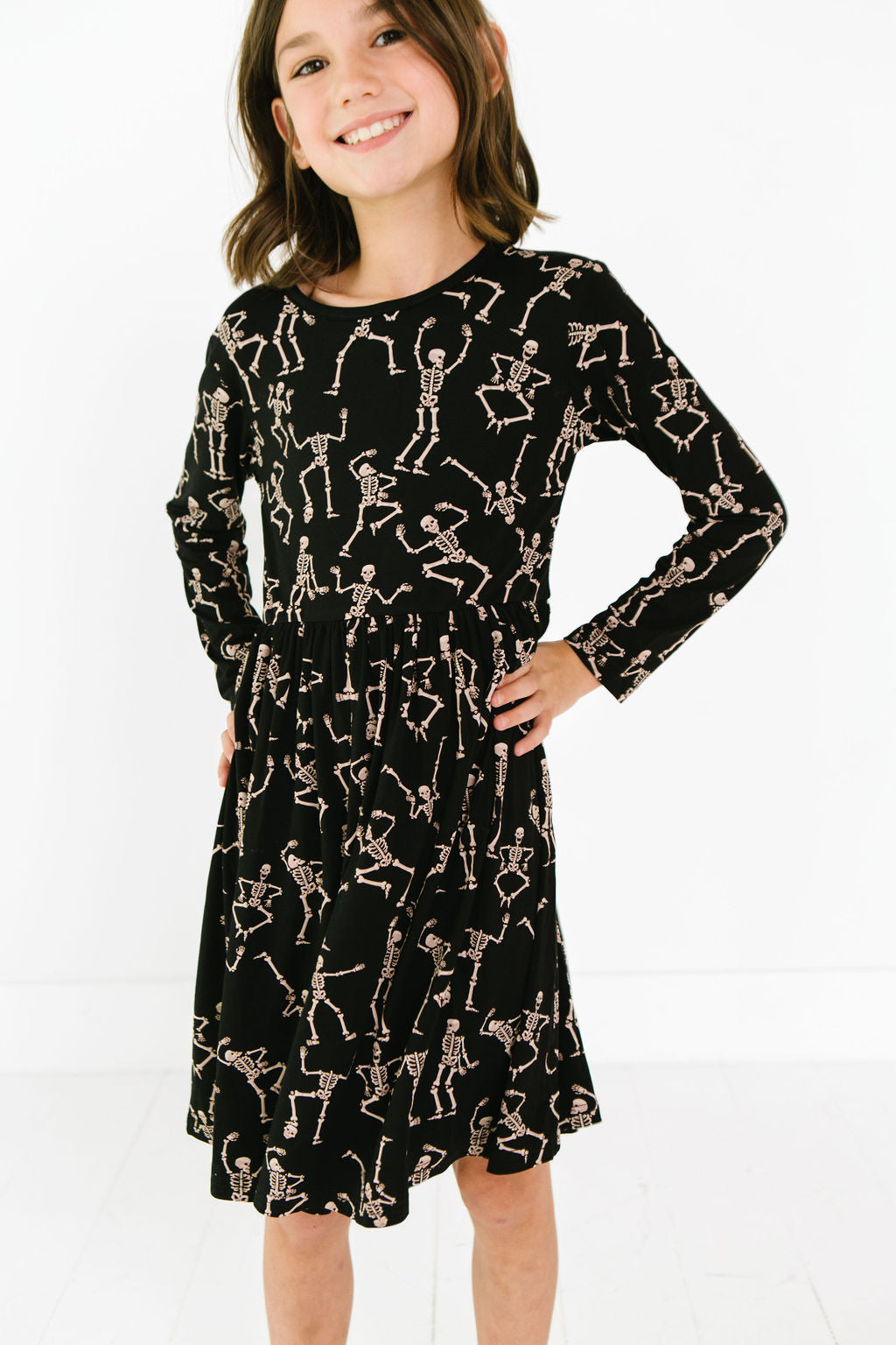 Kids bamboo twirl dress in the Dancing Skelly’s design, soft and breathable for all-day comfort