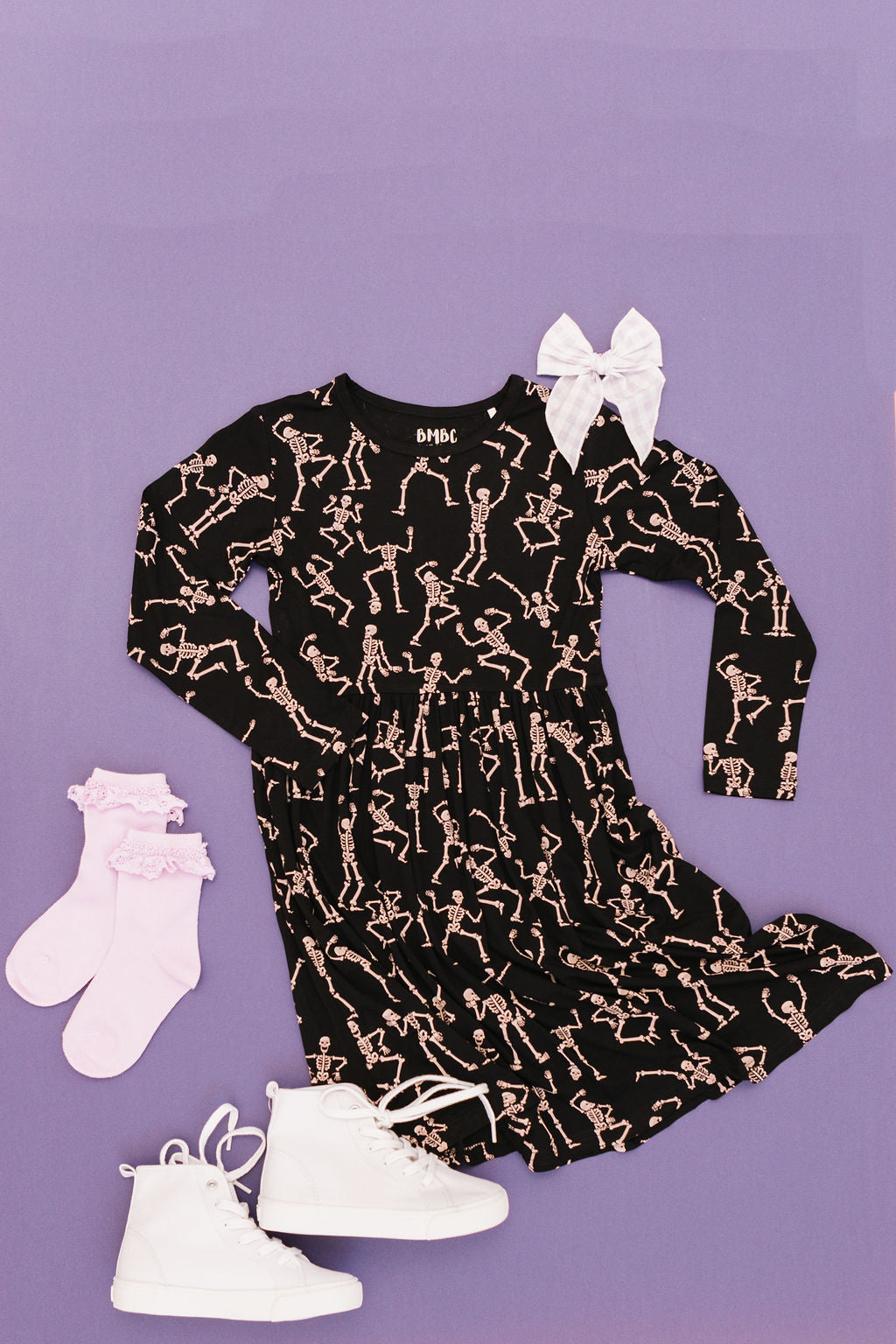 Kids bamboo twirl dress in the Dancing Skelly’s design, soft and breathable for all-day comfort