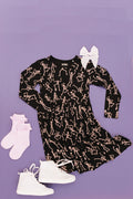Kids bamboo twirl dress in the Dancing Skelly’s design, soft and breathable for all-day comfort