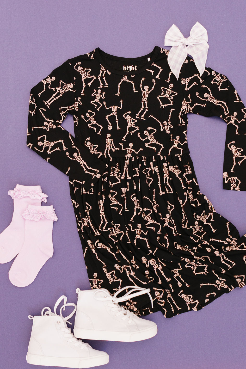 Kids bamboo twirl dress in the Dancing Skelly’s design, soft and breathable for all-day comfort