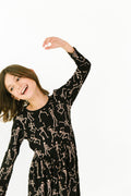 Kids bamboo twirl dress in the Dancing Skelly’s design, soft and breathable for all-day comfort
