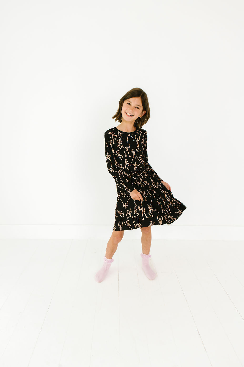Kids bamboo twirl dress in the Dancing Skelly’s design, soft and breathable for all-day comfort