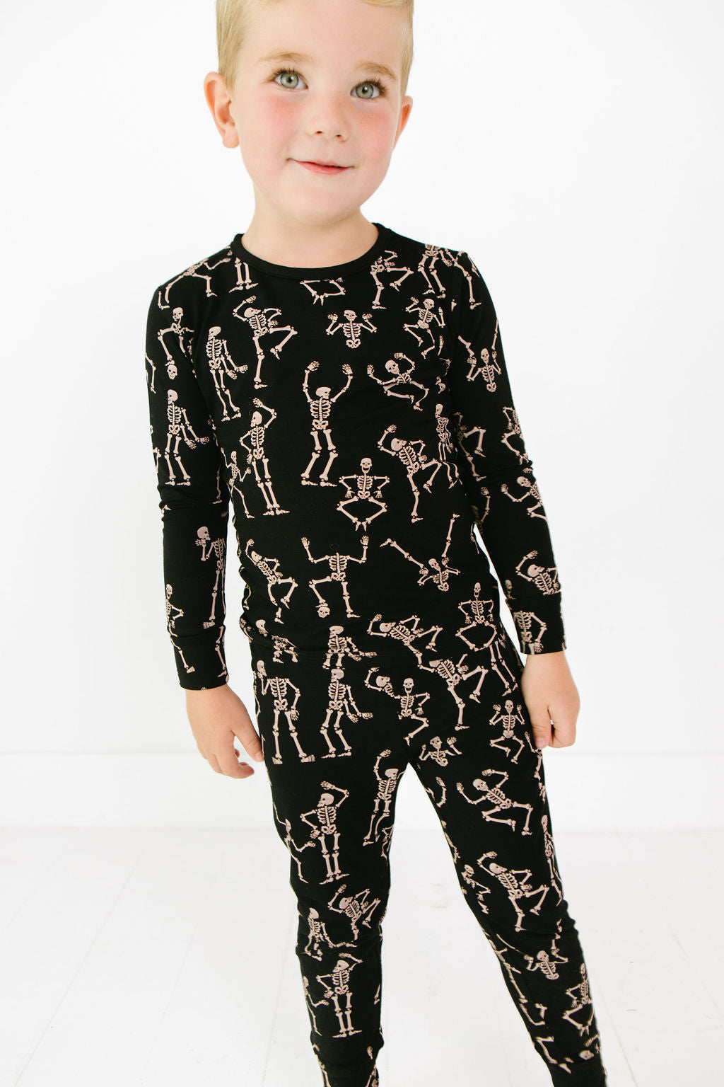 Kids bamboo two-piece set in the Dancing Skelly’s design, ultra-soft and breathable for everyday wear.