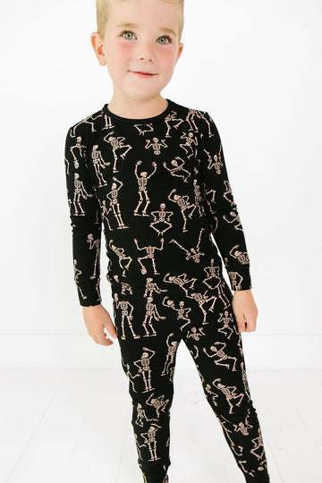 Kids bamboo two-piece set in the Dancing Skelly’s design, ultra-soft and breathable for everyday wear.