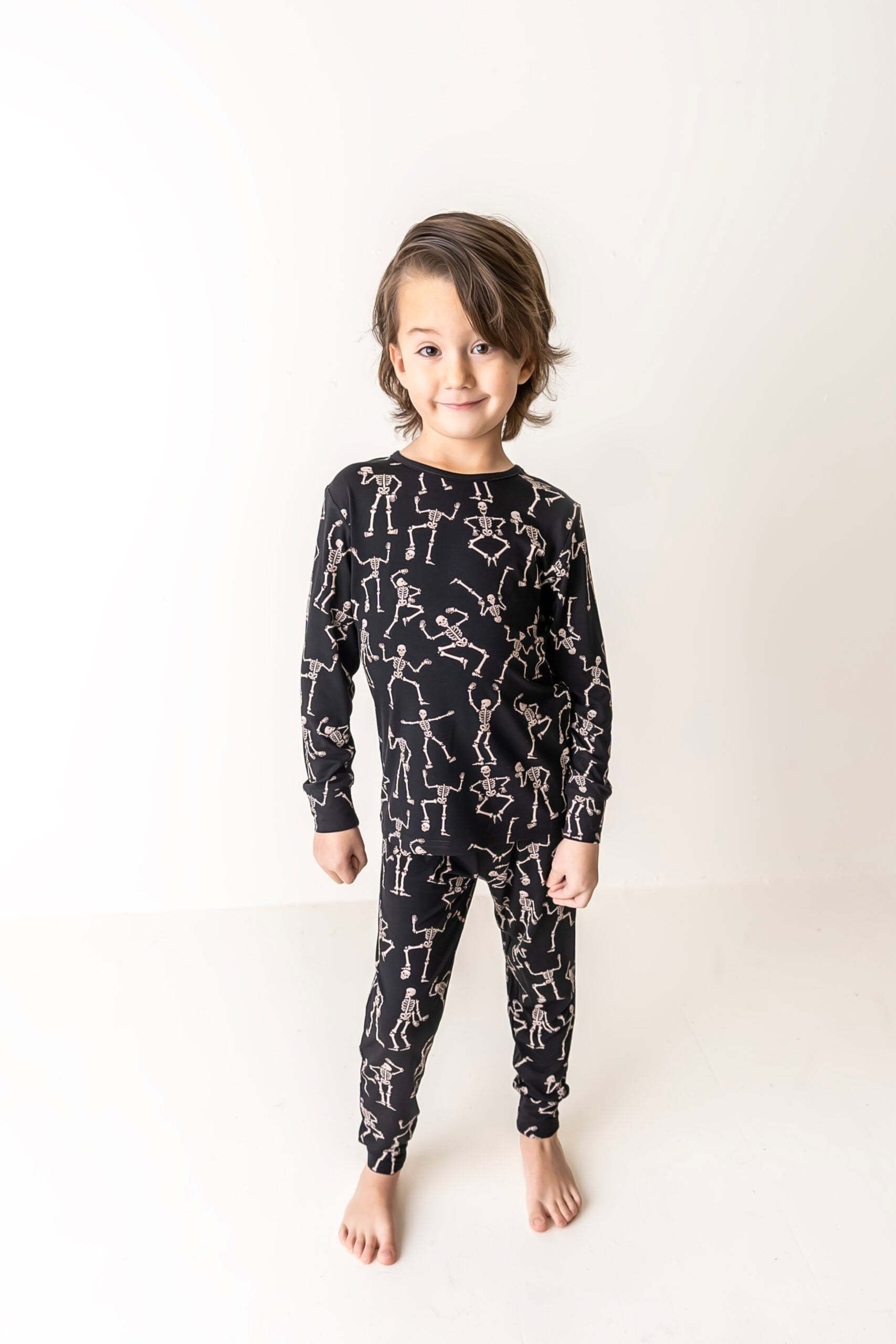 Kids bamboo two-piece set in the Dancing Skelly’s design, ultra-soft and breathable for everyday wear.